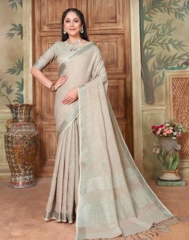 Pastel Grey Pure Handloom Silk Cotton Saree From Banaras