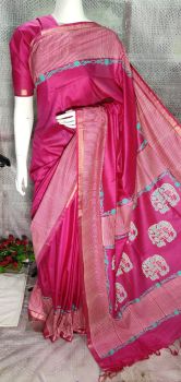 Burnt Pink Katan Silk Hand Block Print Saree From Bihar