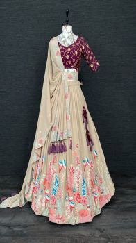 Dark Rani Pink And Light Brown Georgette Lehenga With Thread Sequins Embroidery Work And With Embroidery Work Belt