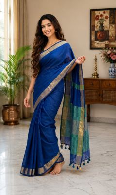 Royal Blue Pure Handloom Cotton Saree From Bengal