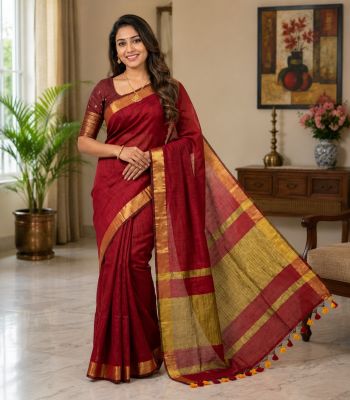 Bright Maroon Pure Handloom Cotton Saree From Bengal