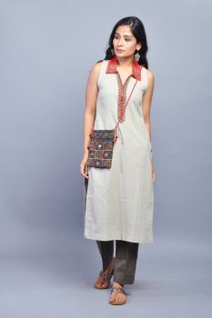 Ivory Cotton Hand Embroidered Straight Kurta