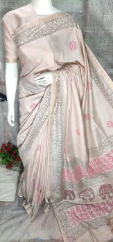 Grey Katan Silk Hand Block Print Saree From Bihar