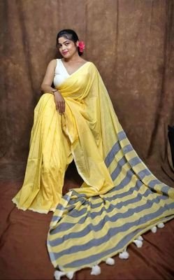 Yellow Pure Handloom Khesh Cotton Saree From Bengal