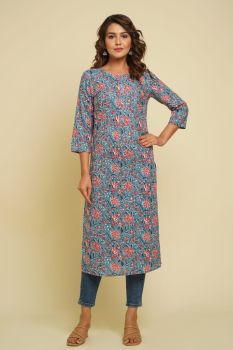 BLUE FLOWER PRINTED STRAIGHT COTTON KURTI