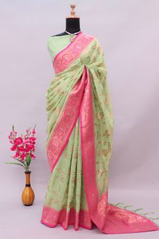Pista Green Pink Butta Zari Work Cotton Silk Saree