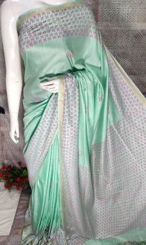 Pale Teal Katan Silk Hand Block Print Saree From Bihar