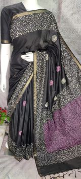 Black Flower Pattern Katan Silk Hand Block Print Saree From Bihar