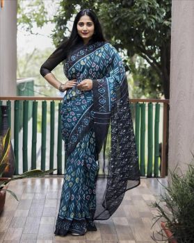 Green Black Ikkat Print Pure Linen Saree