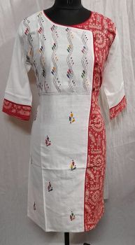 White Red Pure Handloom Kantha Stitch Kurti From Bengal