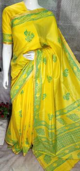 Bright Yellow Katan Silk Hand Block Print Saree From Bihar