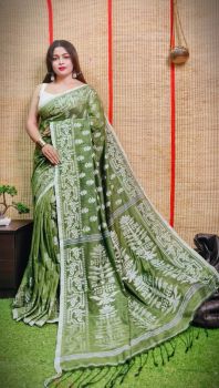 Mehandi Green Pure Handlooms Cotton Saree From Bengal