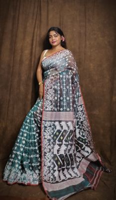 Teal Pure Handloom Dhakai Jamdani Saree From Bengal