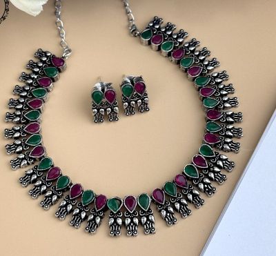 Silver Pure Oxidised Necklace With Multi Colour Stone Jewellery