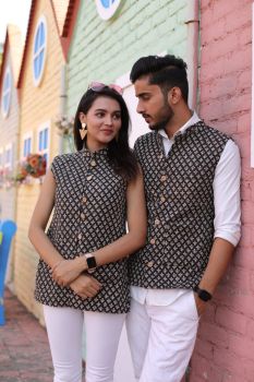 Black Pure Hand Block Printed Cotton Jacket Couple Set