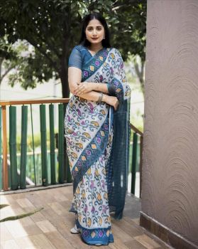 White Ikkat Print Pure Linen Saree