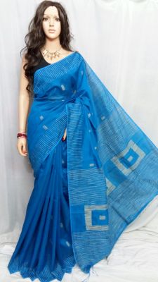 Sky Blue Pure Handloom Silk Cotton Saree From Bengal