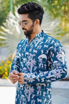 Men Light Blue forest Heavy Lucknowi Design kurta