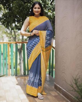 Grey Yellow Ikkat Print Pure Linen Saree