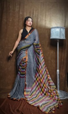 Gray Pure Handloom Linen By Linen Saree From Bengal