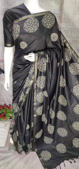 Black Katan Silk Hand Block Print Saree From Bihar