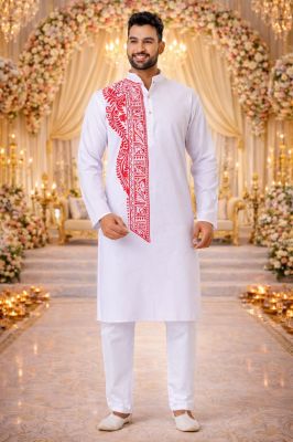 White Cotton Stylish Ethnic Printed Kurta Pyjama Set Festive Special Men’s Ethnic Wear