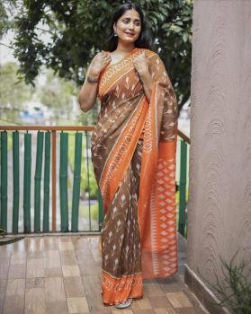 Brown Orange Ikkat Print Pure Linen Saree