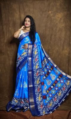 Sky Blue Pure Handloom Tussar Silk Saree From Bengal