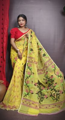 Yellow Pure Handloom Dhakai Jamdani Saree From Bengal