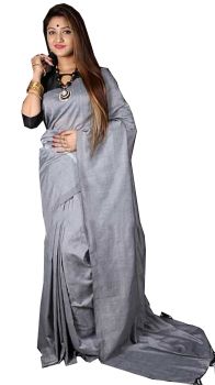 Grey Plain Hand Woven Cotton Saree
