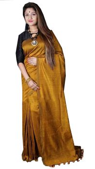 Mustard Yellow Plain Hand Woven Cotton Saree