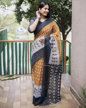 Biscuit Brown Black Ikkat Print Pure Linen Saree