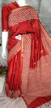 Brick Red Katan Silk Hand Block Print Saree From Bihar