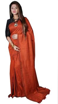 Orange Plain Hand Woven Cotton Saree