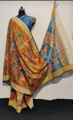 Tan Pure Handloom Kantha Silk Saree From Bengal