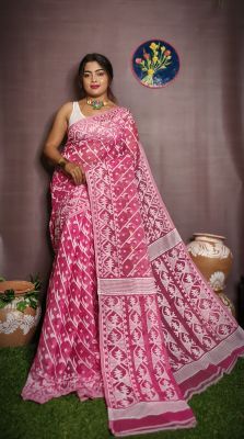 Pink Pure Handloom Dhakai Jamdani Saree From Bengal