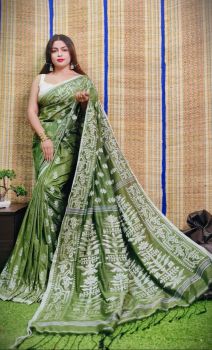 Mehandi Green Pure Handlooms Cotton Saree From Bengal