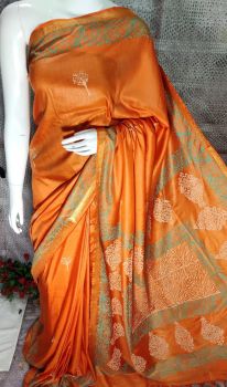Deep Saffron Katan Silk Hand Block Print Saree From Bihar
