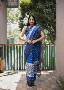 Black Blue White Ikkat Print Pure Linen Saree