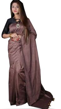 Black Grey Plain Hand Woven Cotton Saree