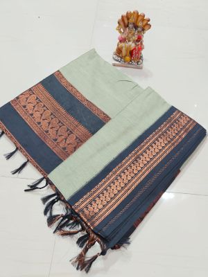 Grayish Green Pure Handloom Gadwal Saree From Bengal