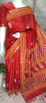 Persian Red Katan Silk Hand Block Print Saree From Bihar