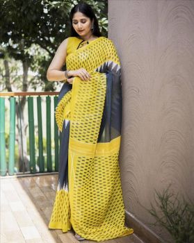 Yellow Black Ikkat Print Pure Linen Saree