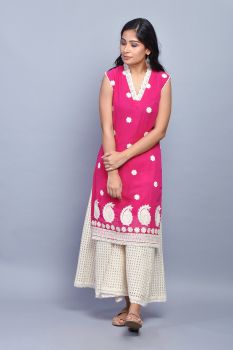 Fuchsia Pink Cotton Embroidered Kurta