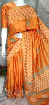 Orange Katan Silk Hand Block Print Saree From Bihar