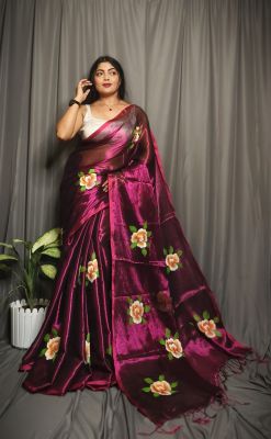 Purple Pure Handloom Tissue Cotton Saree From Bengal