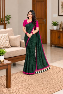 Dark Green Pure Handloom Mulmul Cotton Saree From Bengal