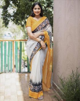 White Yellow Ikkat Print Pure Linen Saree