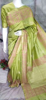 Light Olive Green Katan Silk Hand Block Print Saree From Bihar