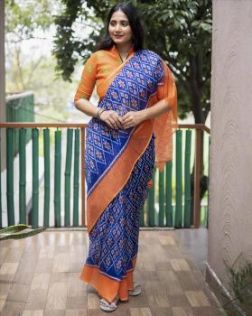 Blue Orange Ikkat Print Pure Linen Saree